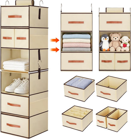 Hanging Closet Organizer 6-Shelf, Upgrade Closet Organizers and Storage with 5 Removable Drawers & 4 Side Pockets, Hanging Shelf Organizer for Closet or Garment Rack, 12.6'' x 12.6'' x 44.1'', Beige