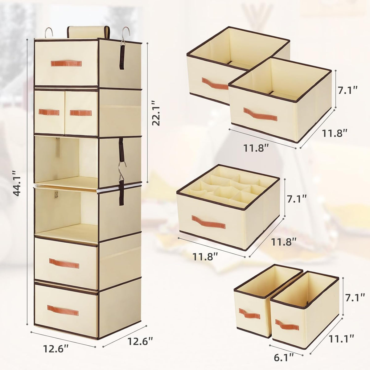 Hanging Closet Organizer 6-Shelf, Upgrade Closet Organizers and Storage with 5 Removable Drawers & 4 Side Pockets, Hanging Shelf Organizer for Closet or Garment Rack, 12.6'' x 12.6'' x 44.1'', Beige