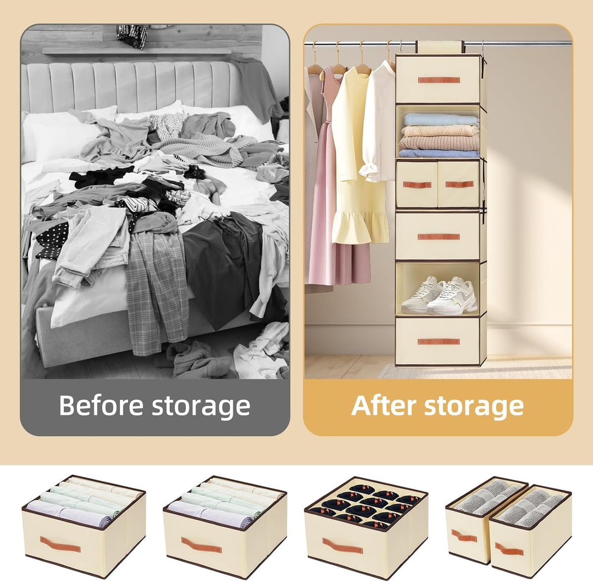 Hanging Closet Organizer 6-Shelf, Upgrade Closet Organizers and Storage with 5 Removable Drawers & 4 Side Pockets, Hanging Shelf Organizer for Closet or Garment Rack, 12.6'' x 12.6'' x 44.1'', Beige