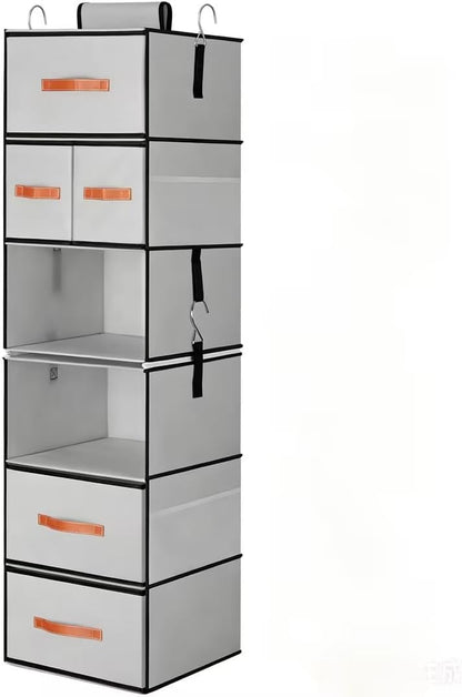 Hanging Closet Organizer 6-Shelf, Upgrade Closet Organizers and Storage with 5 Removable Drawers & 4 Side Pockets, Hanging Shelf Organizer for Closet or Garment Rack, 12.6'' x 12.6'' x 44.1'', Beige