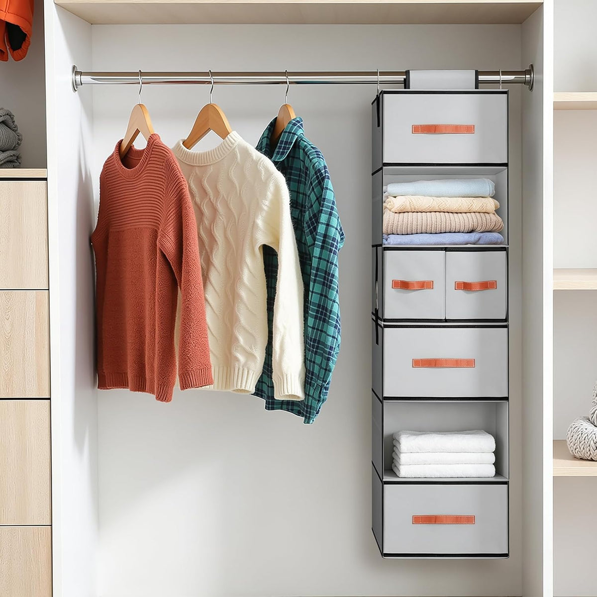 Hanging Closet Organizer 6-Shelf, Upgrade Closet Organizers and Storage with 5 Removable Drawers & 4 Side Pockets, Hanging Shelf Organizer for Closet or Garment Rack, 12.6'' x 12.6'' x 44.1'', Beige