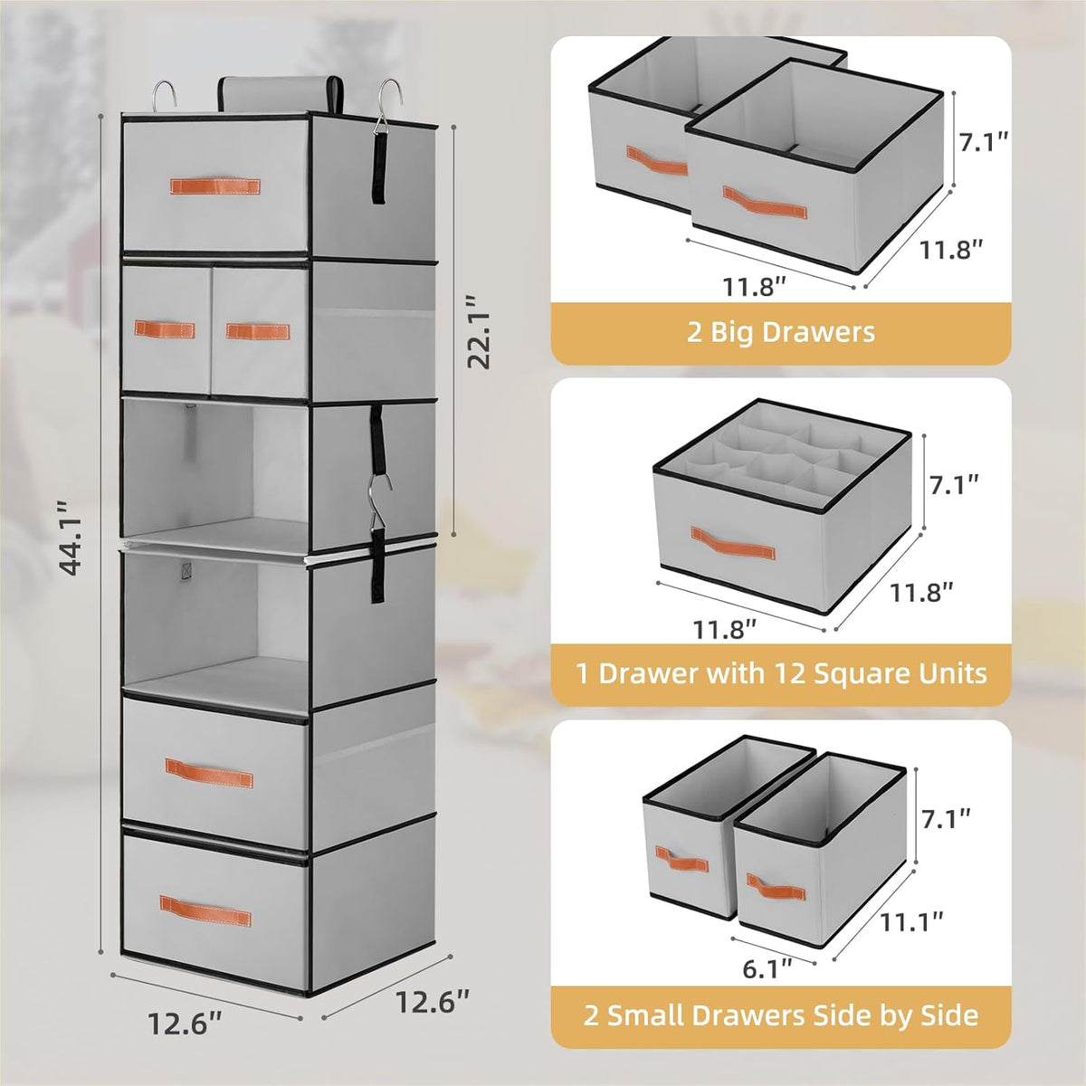 Hanging Closet Organizer 6-Shelf, Upgrade Closet Organizers and Storage with 5 Removable Drawers & 4 Side Pockets, Hanging Shelf Organizer for Closet or Garment Rack, 12.6'' x 12.6'' x 44.1'', Beige