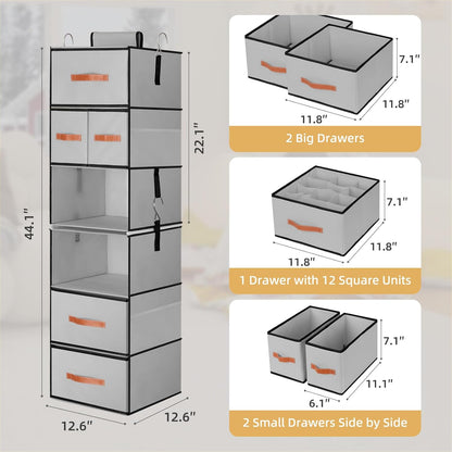 Hanging Closet Organizer 6-Shelf, Upgrade Closet Organizers and Storage with 5 Removable Drawers & 4 Side Pockets, Hanging Shelf Organizer for Closet or Garment Rack, 12.6'' x 12.6'' x 44.1'', Beige