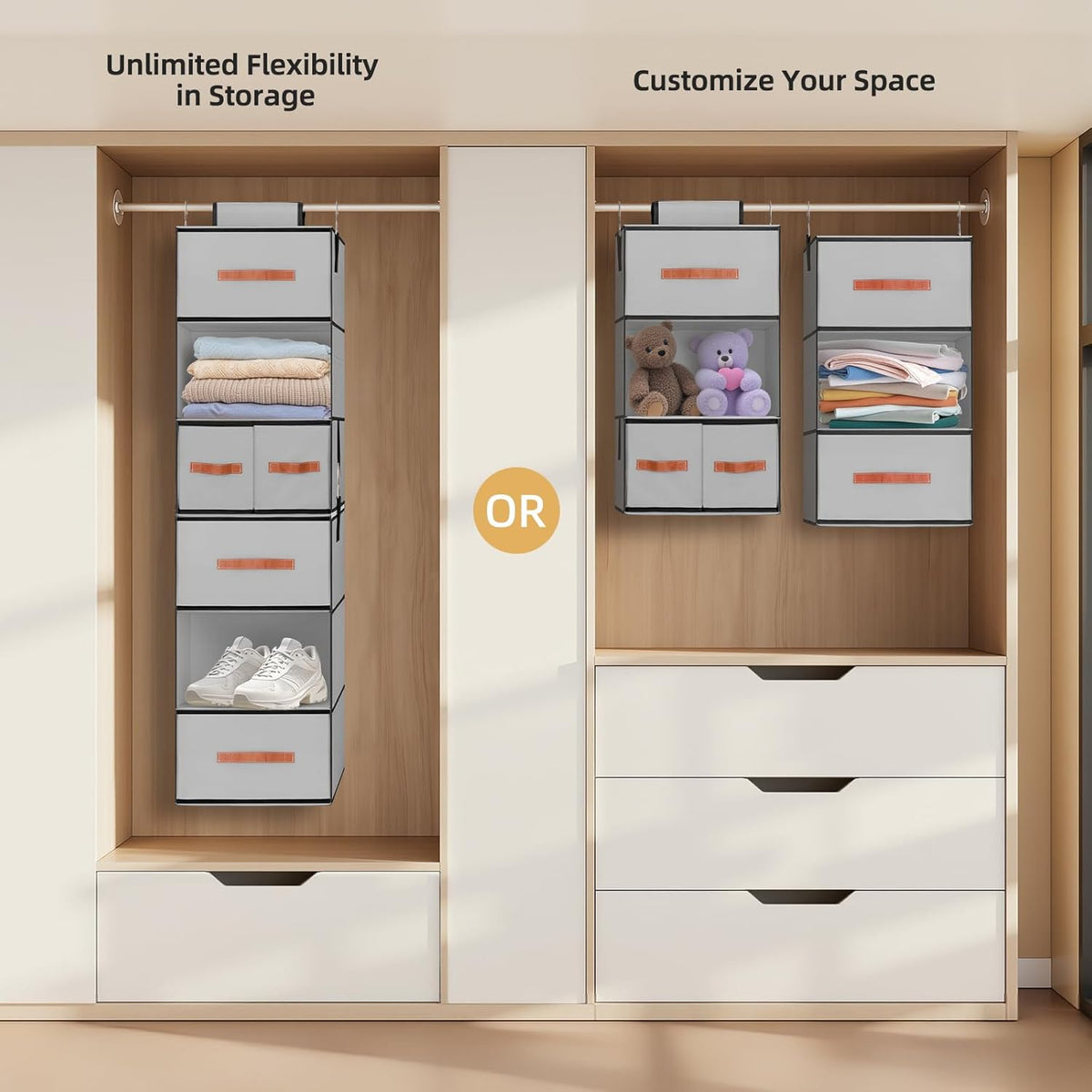 Hanging Closet Organizer 6-Shelf, Upgrade Closet Organizers and Storage with 5 Removable Drawers & 4 Side Pockets, Hanging Shelf Organizer for Closet or Garment Rack, 12.6'' x 12.6'' x 44.1'', Beige