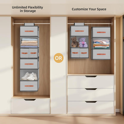Hanging Closet Organizer 6-Shelf, Upgrade Closet Organizers and Storage with 5 Removable Drawers & 4 Side Pockets, Hanging Shelf Organizer for Closet or Garment Rack, 12.6'' x 12.6'' x 44.1'', Beige
