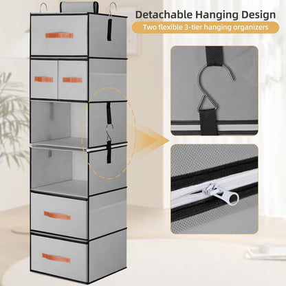 Hanging Closet Organizer 6-Shelf, Upgrade Closet Organizers and Storage with 5 Removable Drawers & 4 Side Pockets, Hanging Shelf Organizer for Closet or Garment Rack, 12.6'' x 12.6'' x 44.1'', Beige