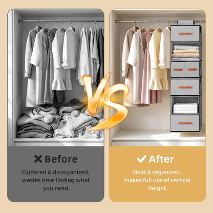 Hanging Closet Organizer 6-Shelf, Upgrade Closet Organizers and Storage with 5 Removable Drawers & 4 Side Pockets, Hanging Shelf Organizer for Closet or Garment Rack, 12.6'' x 12.6'' x 44.1'', Beige