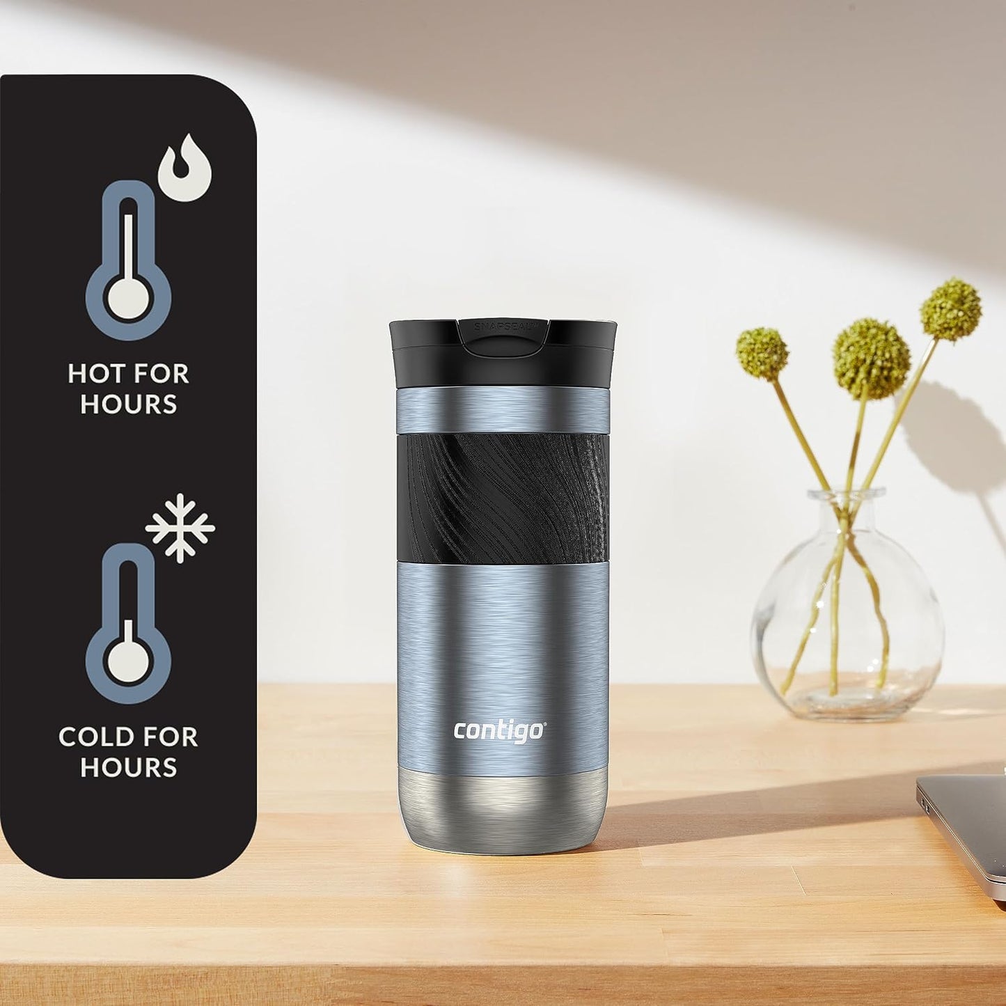 Byron 2.0 Stainless Steel Travel Mug with Snapseal Lid and Grip 20oz, Blueberry, Great for hot and cold beverages