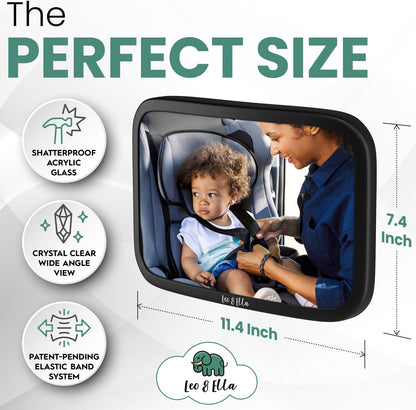 Extra Large Baby Car Mirror for Tesla & Fixed Headrests, Secure View of Infant in Rear Facing Carseat with Continuous Loop System, 100% Shatterproof, 13.7 Inch Convex Mirror, 360 Rotation