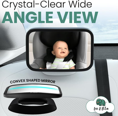 Extra Large Baby Car Mirror for Tesla & Fixed Headrests, Secure View of Infant in Rear Facing Carseat with Continuous Loop System, 100% Shatterproof, 13.7 Inch Convex Mirror, 360 Rotation