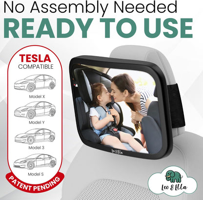 Extra Large Baby Car Mirror for Tesla & Fixed Headrests, Secure View of Infant in Rear Facing Carseat with Continuous Loop System, 100% Shatterproof, 13.7 Inch Convex Mirror, 360 Rotation
