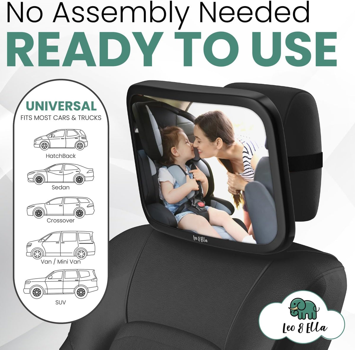 Extra Large Baby Car Mirror for Tesla & Fixed Headrests, Secure View of Infant in Rear Facing Carseat with Continuous Loop System, 100% Shatterproof, 13.7 Inch Convex Mirror, 360 Rotation