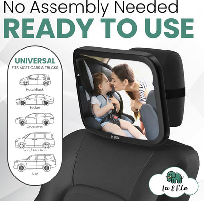Extra Large Baby Car Mirror for Tesla & Fixed Headrests, Secure View of Infant in Rear Facing Carseat with Continuous Loop System, 100% Shatterproof, 13.7 Inch Convex Mirror, 360 Rotation