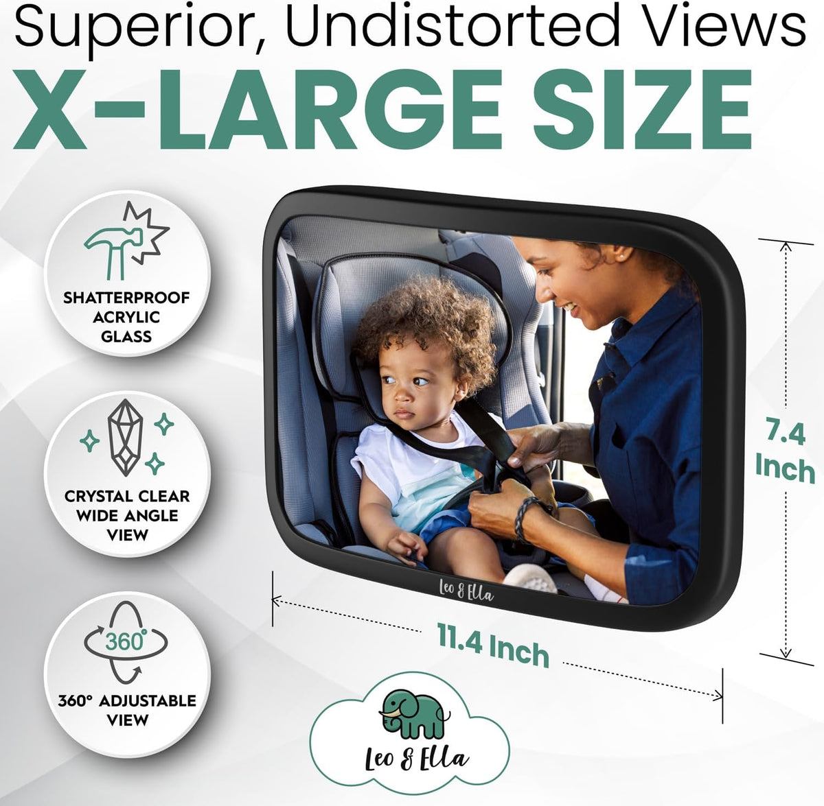 Extra Large Baby Car Mirror for Tesla & Fixed Headrests, Secure View of Infant in Rear Facing Carseat with Continuous Loop System, 100% Shatterproof, 13.7 Inch Convex Mirror, 360 Rotation