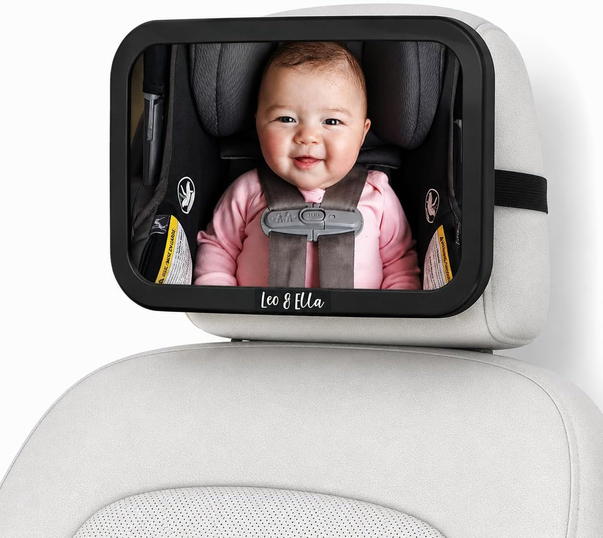 Extra Large Baby Car Mirror for Tesla & Fixed Headrests, Secure View of Infant in Rear Facing Carseat with Continuous Loop System, 100% Shatterproof, 13.7 Inch Convex Mirror, 360 Rotation