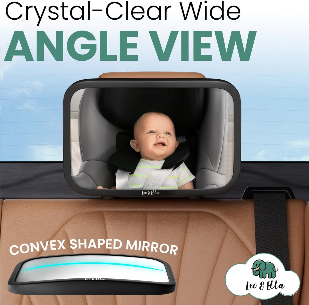 Extra Large Baby Car Mirror for Tesla & Fixed Headrests, Secure View of Infant in Rear Facing Carseat with Continuous Loop System, 100% Shatterproof, 13.7 Inch Convex Mirror, 360 Rotation