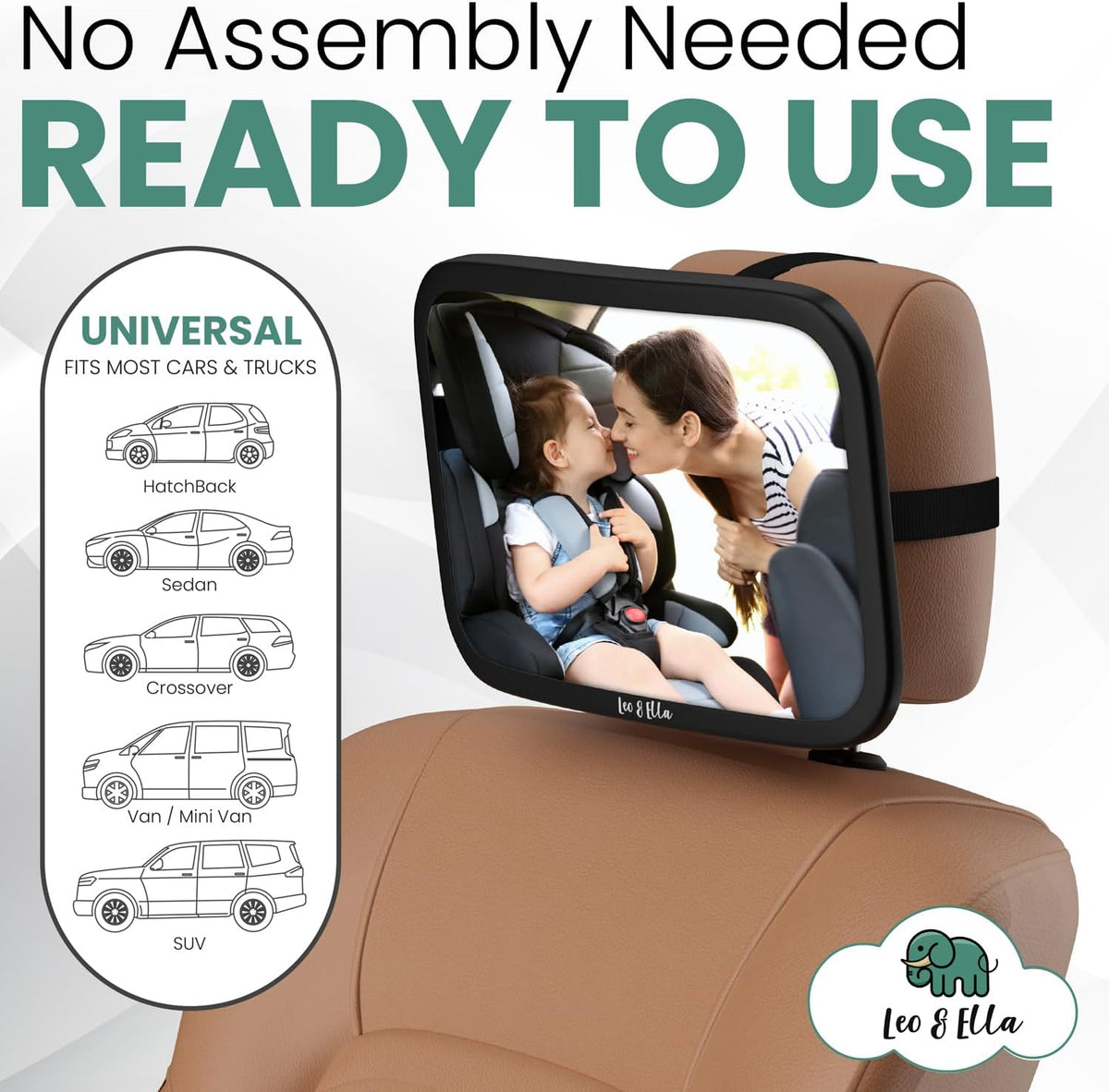 Extra Large Baby Car Mirror for Tesla & Fixed Headrests, Secure View of Infant in Rear Facing Carseat with Continuous Loop System, 100% Shatterproof, 13.7 Inch Convex Mirror, 360 Rotation
