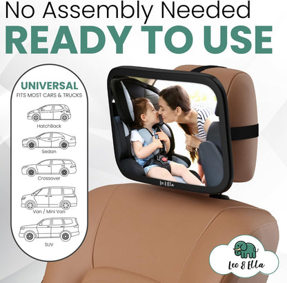 Extra Large Baby Car Mirror for Tesla & Fixed Headrests, Secure View of Infant in Rear Facing Carseat with Continuous Loop System, 100% Shatterproof, 13.7 Inch Convex Mirror, 360 Rotation