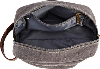 Travel Toiletry Bag for Men and Women, Canvas Toiletry Organizer Water-Resistant Vegan Leather, Hanging Dopp Kit Shaving Bag for Toiletries Accessories