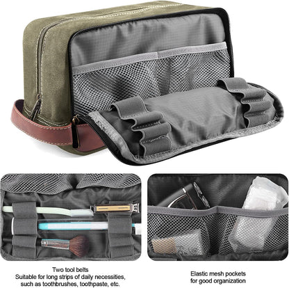 Travel Toiletry Bag for Men and Women, Canvas Toiletry Organizer Water-Resistant Vegan Leather, Hanging Dopp Kit Shaving Bag for Toiletries Accessories