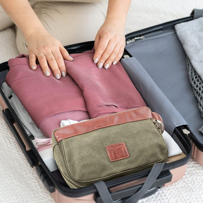Travel Toiletry Bag for Men and Women, Canvas Toiletry Organizer Water-Resistant Vegan Leather, Hanging Dopp Kit Shaving Bag for Toiletries Accessories