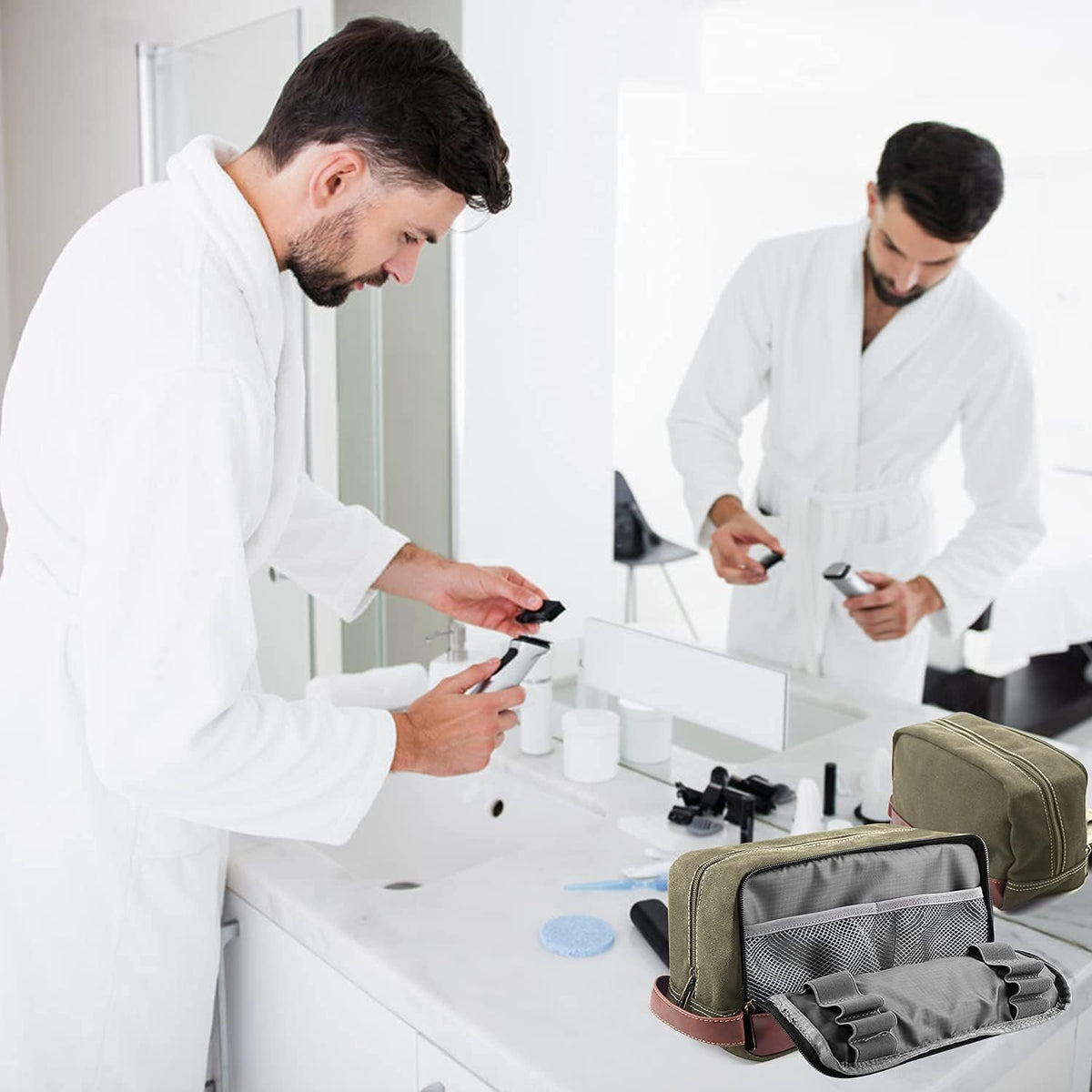 Travel Toiletry Bag for Men and Women, Canvas Toiletry Organizer Water-Resistant Vegan Leather, Hanging Dopp Kit Shaving Bag for Toiletries Accessories
