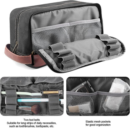 Travel Toiletry Bag for Men and Women, Canvas Toiletry Organizer Water-Resistant Vegan Leather, Hanging Dopp Kit Shaving Bag for Toiletries Accessories