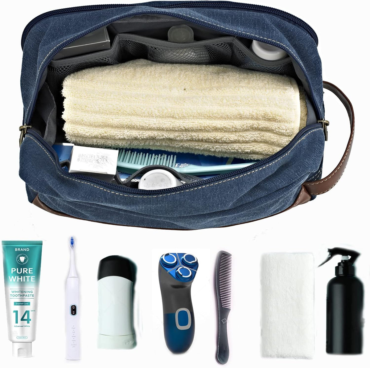 Travel Toiletry Bag for Men and Women, Canvas Toiletry Organizer Water-Resistant Vegan Leather, Hanging Dopp Kit Shaving Bag for Toiletries Accessories
