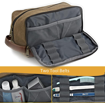 Travel Toiletry Bag for Men and Women, Canvas Toiletry Organizer Water-Resistant Vegan Leather, Hanging Dopp Kit Shaving Bag for Toiletries Accessories