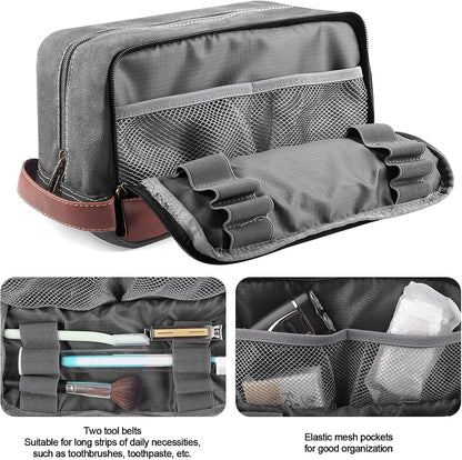 Travel Toiletry Bag for Men and Women, Canvas Toiletry Organizer Water-Resistant Vegan Leather, Hanging Dopp Kit Shaving Bag for Toiletries Accessories