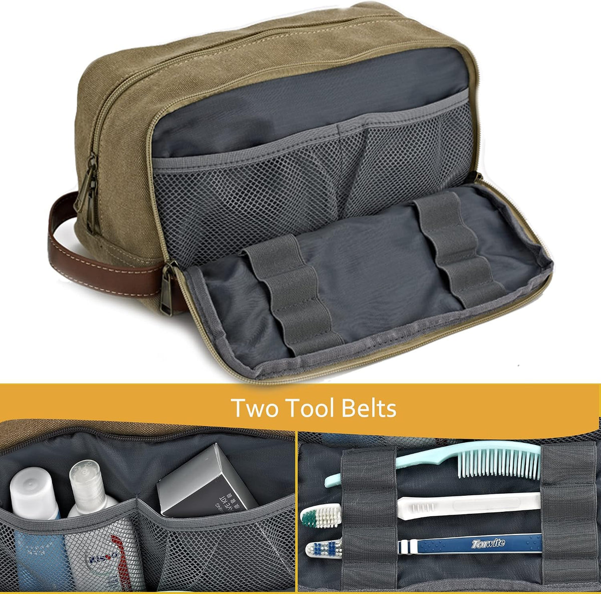 Travel Toiletry Bag for Men and Women, Canvas Toiletry Organizer Water-Resistant Vegan Leather, Hanging Dopp Kit Shaving Bag for Toiletries Accessories