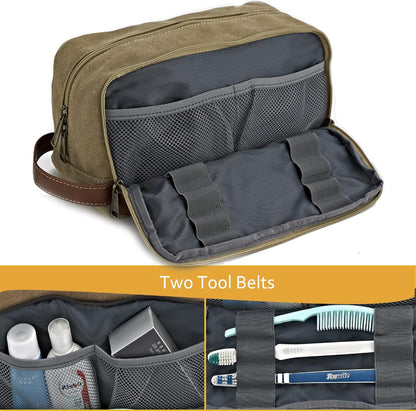 Travel Toiletry Bag for Men and Women, Canvas Toiletry Organizer Water-Resistant Vegan Leather, Hanging Dopp Kit Shaving Bag for Toiletries Accessories