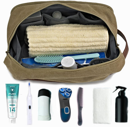 Travel Toiletry Bag for Men and Women, Canvas Toiletry Organizer Water-Resistant Vegan Leather, Hanging Dopp Kit Shaving Bag for Toiletries Accessories