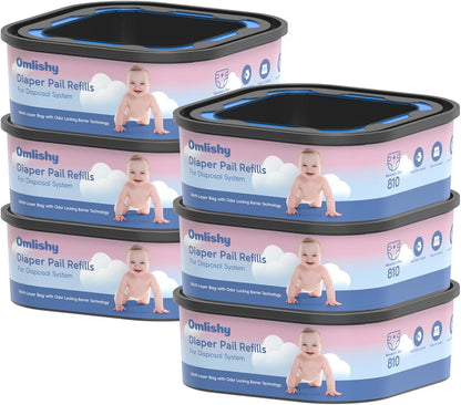 6 Pack Jumbo Square Bags Refill Compatible with Diaper Genie Compact, Select Pails (Not Fit Classic), Disposal Bag Refills with Continuous Film, Hold Up to 810 Newborn-Sized Diapers