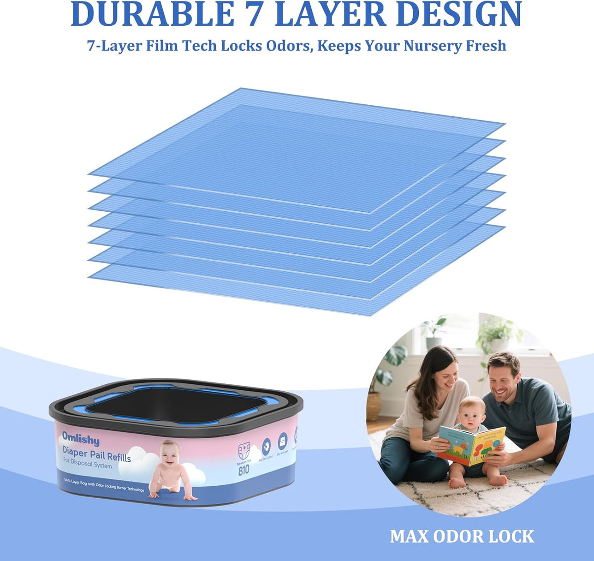 6 Pack Jumbo Square Bags Refill Compatible with Diaper Genie Compact, Select Pails (Not Fit Classic), Disposal Bag Refills with Continuous Film, Hold Up to 810 Newborn-Sized Diapers