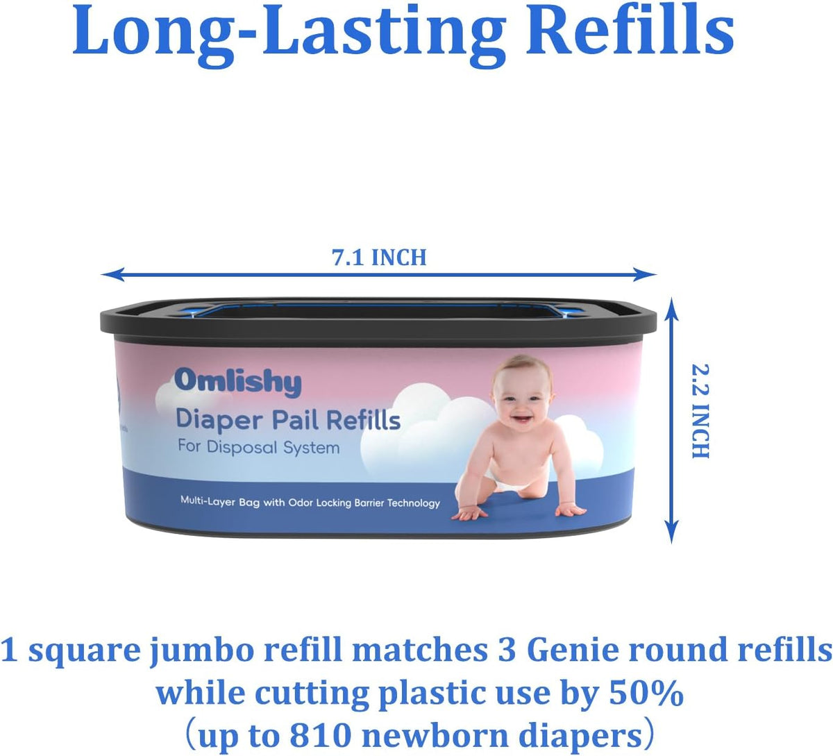 6 Pack Jumbo Square Bags Refill Compatible with Diaper Genie Compact, Select Pails (Not Fit Classic), Disposal Bag Refills with Continuous Film, Hold Up to 810 Newborn-Sized Diapers