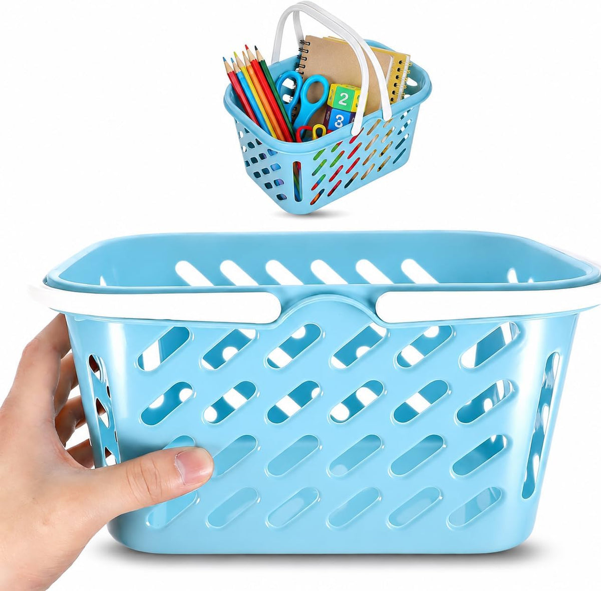 1Pc Shopping Basket Toy, Mini Grocery Bin with Handles Kids Pretend Play Blue Plastic Basket for Role Play, Toy Storage, Party Favors (10.24 x 6.69 x 5.12 in)