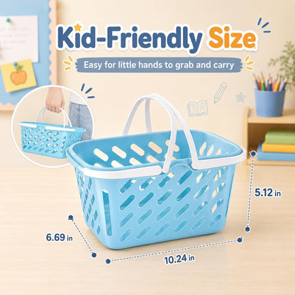 1Pc Shopping Basket Toy, Mini Grocery Bin with Handles Kids Pretend Play Blue Plastic Basket for Role Play, Toy Storage, Party Favors (10.24 x 6.69 x 5.12 in)