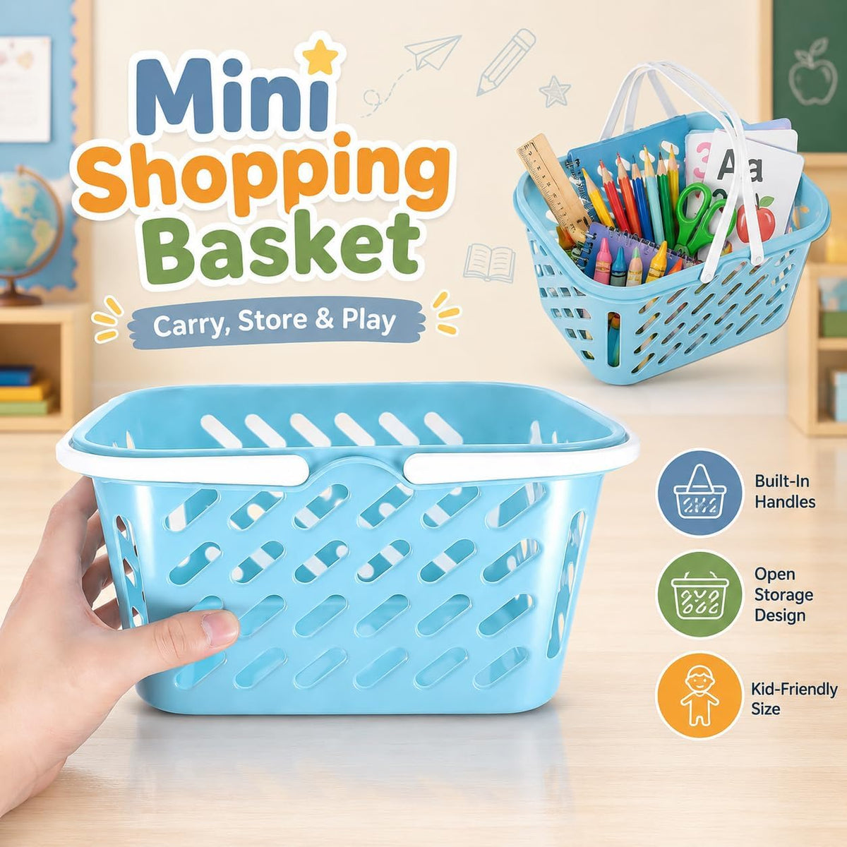 1Pc Shopping Basket Toy, Mini Grocery Bin with Handles Kids Pretend Play Blue Plastic Basket for Role Play, Toy Storage, Party Favors (10.24 x 6.69 x 5.12 in)