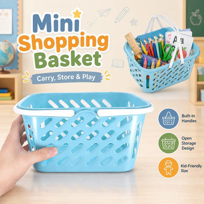 1Pc Shopping Basket Toy, Mini Grocery Bin with Handles Kids Pretend Play Blue Plastic Basket for Role Play, Toy Storage, Party Favors (10.24 x 6.69 x 5.12 in)