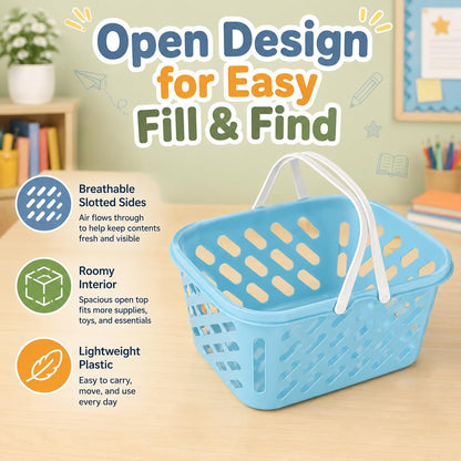 1Pc Shopping Basket Toy, Mini Grocery Bin with Handles Kids Pretend Play Blue Plastic Basket for Role Play, Toy Storage, Party Favors (10.24 x 6.69 x 5.12 in)