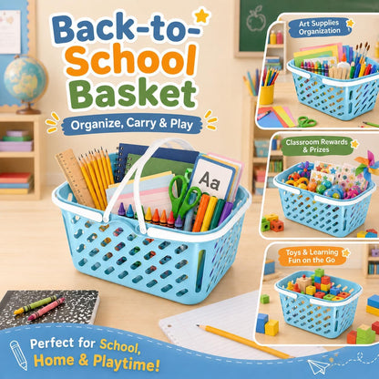 1Pc Shopping Basket Toy, Mini Grocery Bin with Handles Kids Pretend Play Blue Plastic Basket for Role Play, Toy Storage, Party Favors (10.24 x 6.69 x 5.12 in)