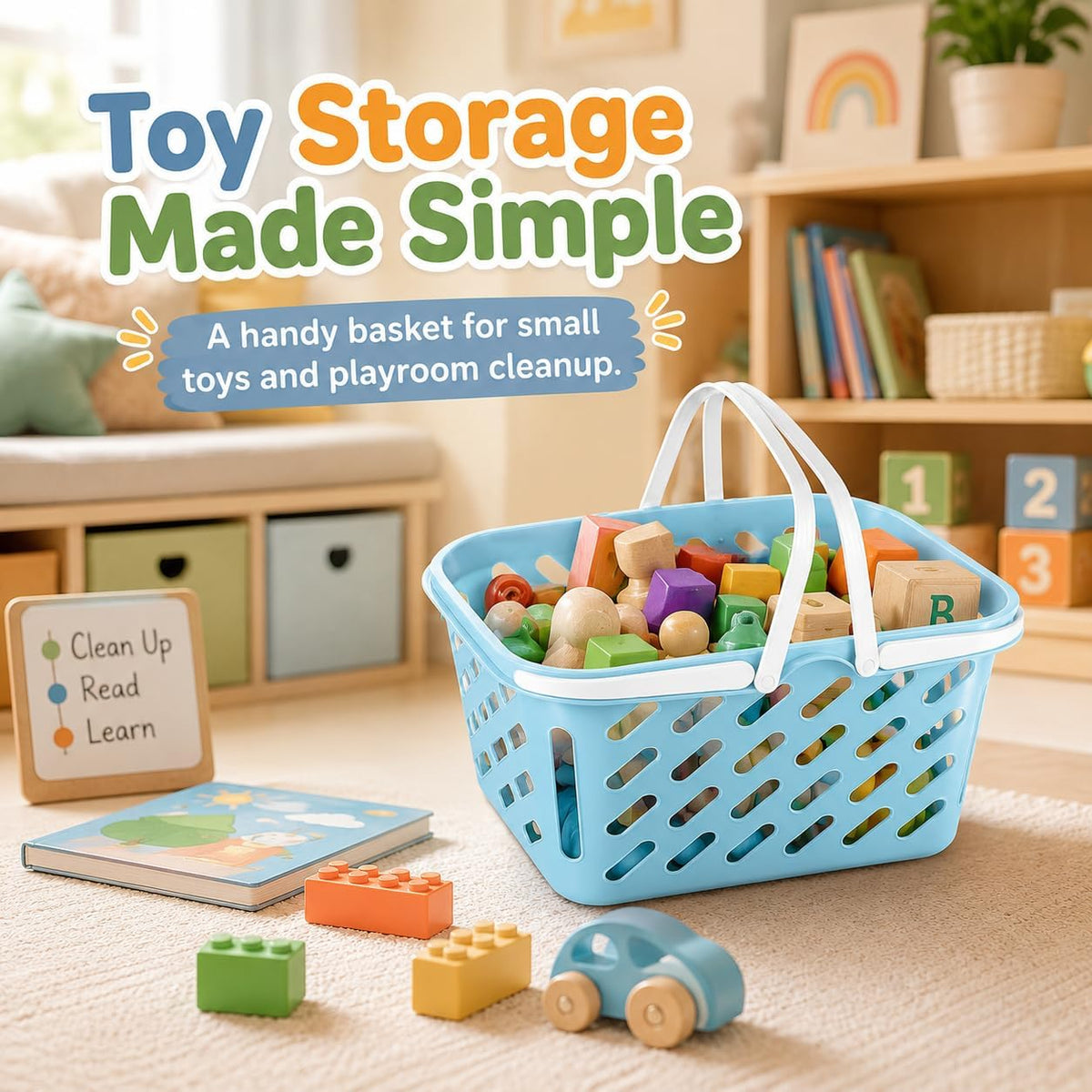 1Pc Shopping Basket Toy, Mini Grocery Bin with Handles Kids Pretend Play Blue Plastic Basket for Role Play, Toy Storage, Party Favors (10.24 x 6.69 x 5.12 in)