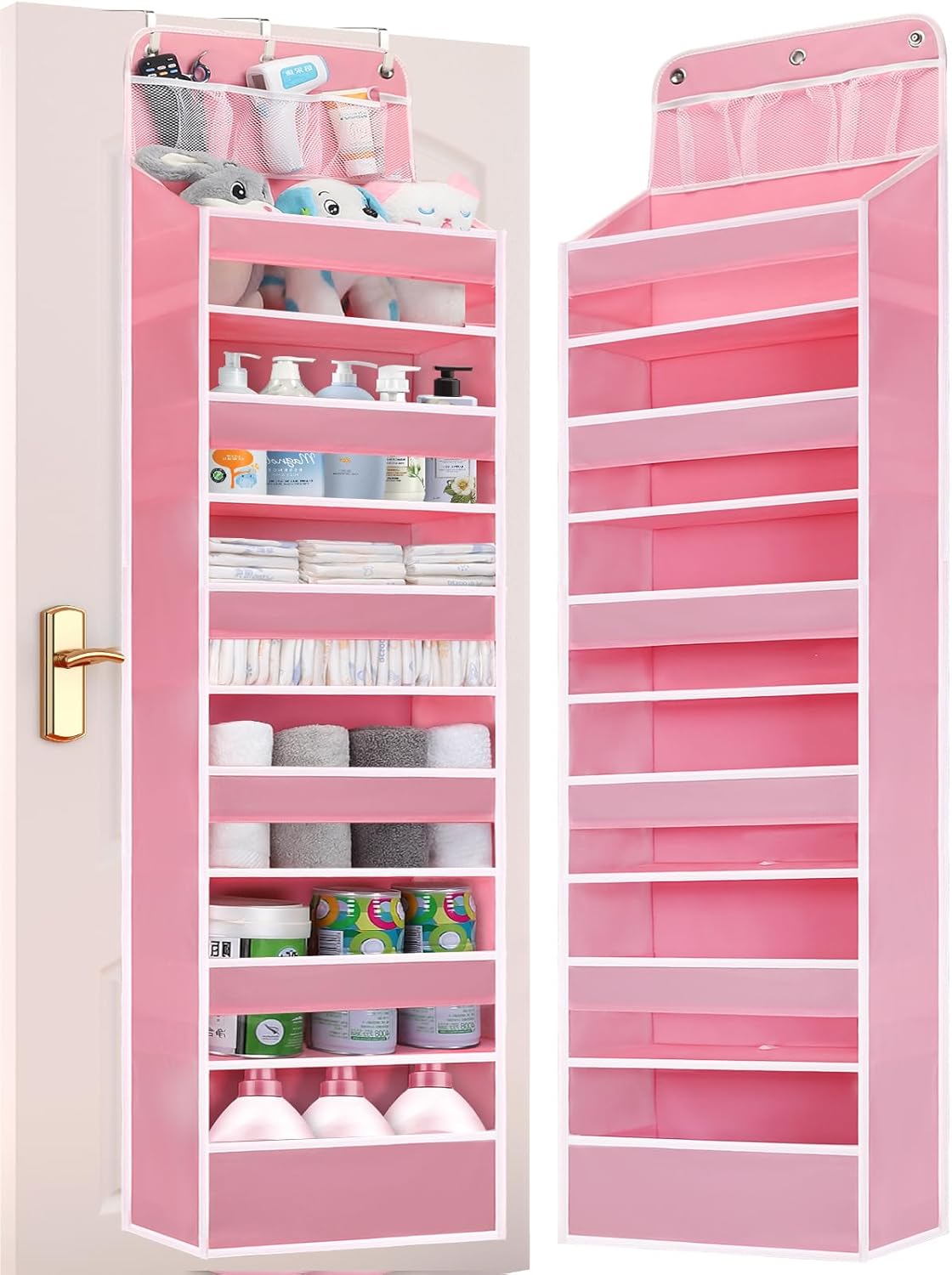 Over Door Hanging Organizer, No Tilt Baby Closet Organizer for Diaper Kids Toys, Hanging Organizer Storage for Newborn Essentials Nursery Bathroom (6 tier Pink)