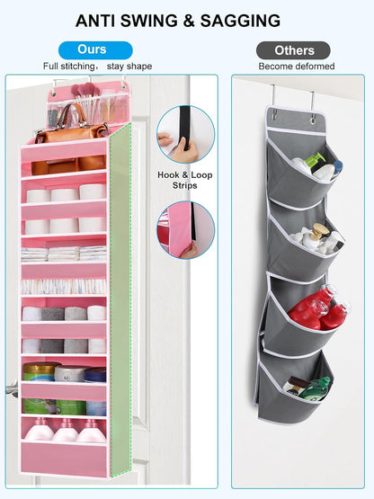 Over Door Hanging Organizer, No Tilt Baby Closet Organizer for Diaper Kids Toys, Hanging Organizer Storage for Newborn Essentials Nursery Bathroom (6 tier Pink)