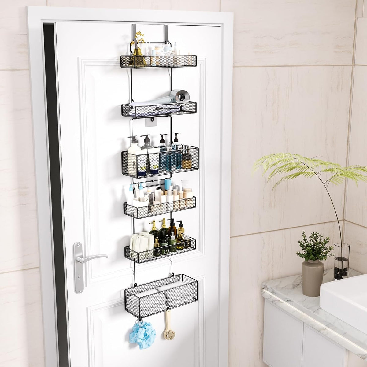 Over Door Organizer Storage - Separable Door Organizer Hanging with 6 Metal Large Capacity Baskets for Bathroom Bedroom Kitchen Pantry Closet (Pink)