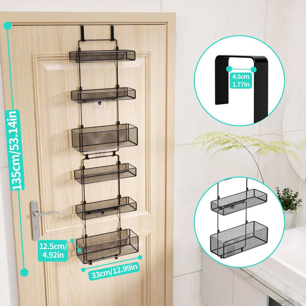 Over Door Organizer Storage - Separable Door Organizer Hanging with 6 Metal Large Capacity Baskets for Bathroom Bedroom Kitchen Pantry Closet (Pink)