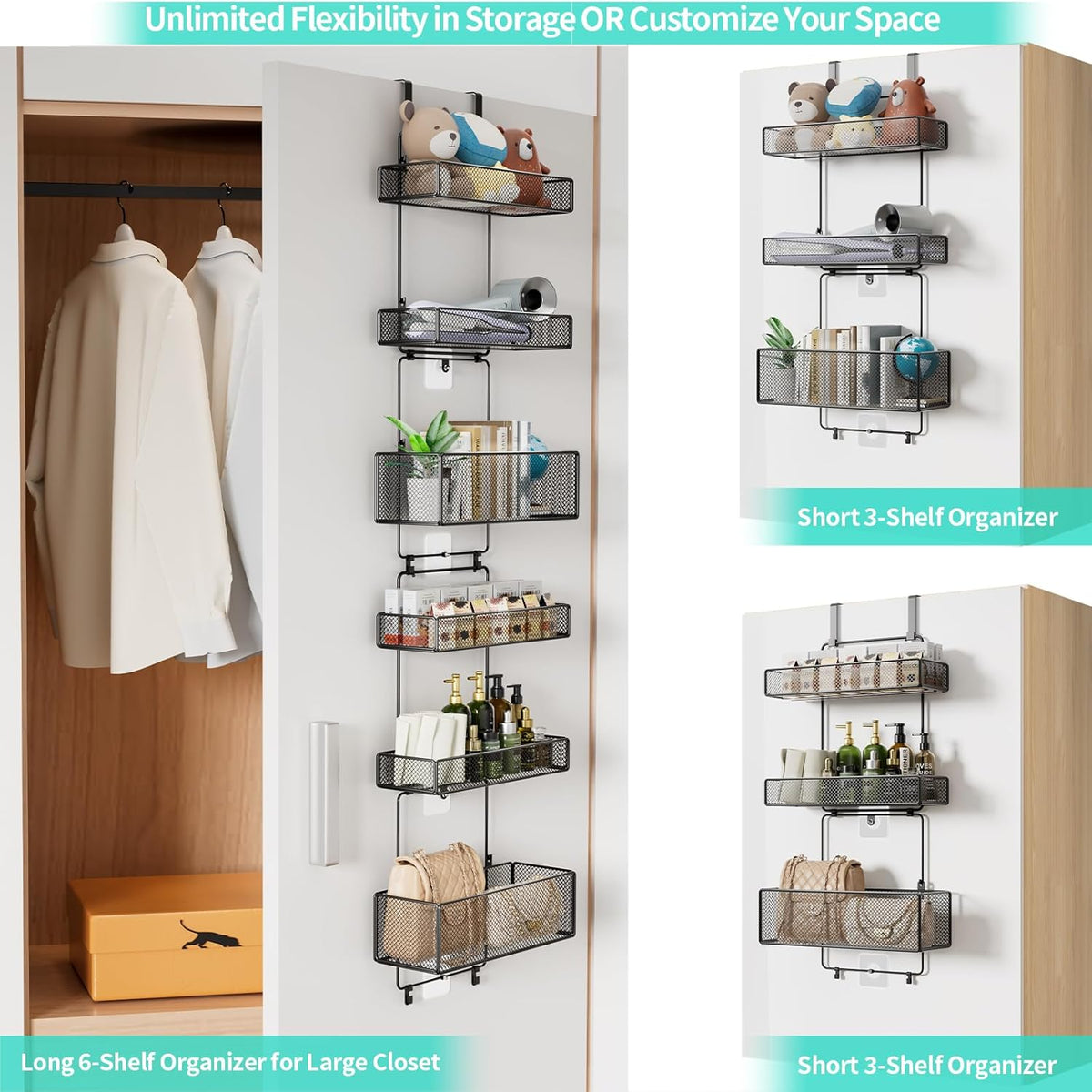 Over Door Organizer Storage - Separable Door Organizer Hanging with 6 Metal Large Capacity Baskets for Bathroom Bedroom Kitchen Pantry Closet (Pink)