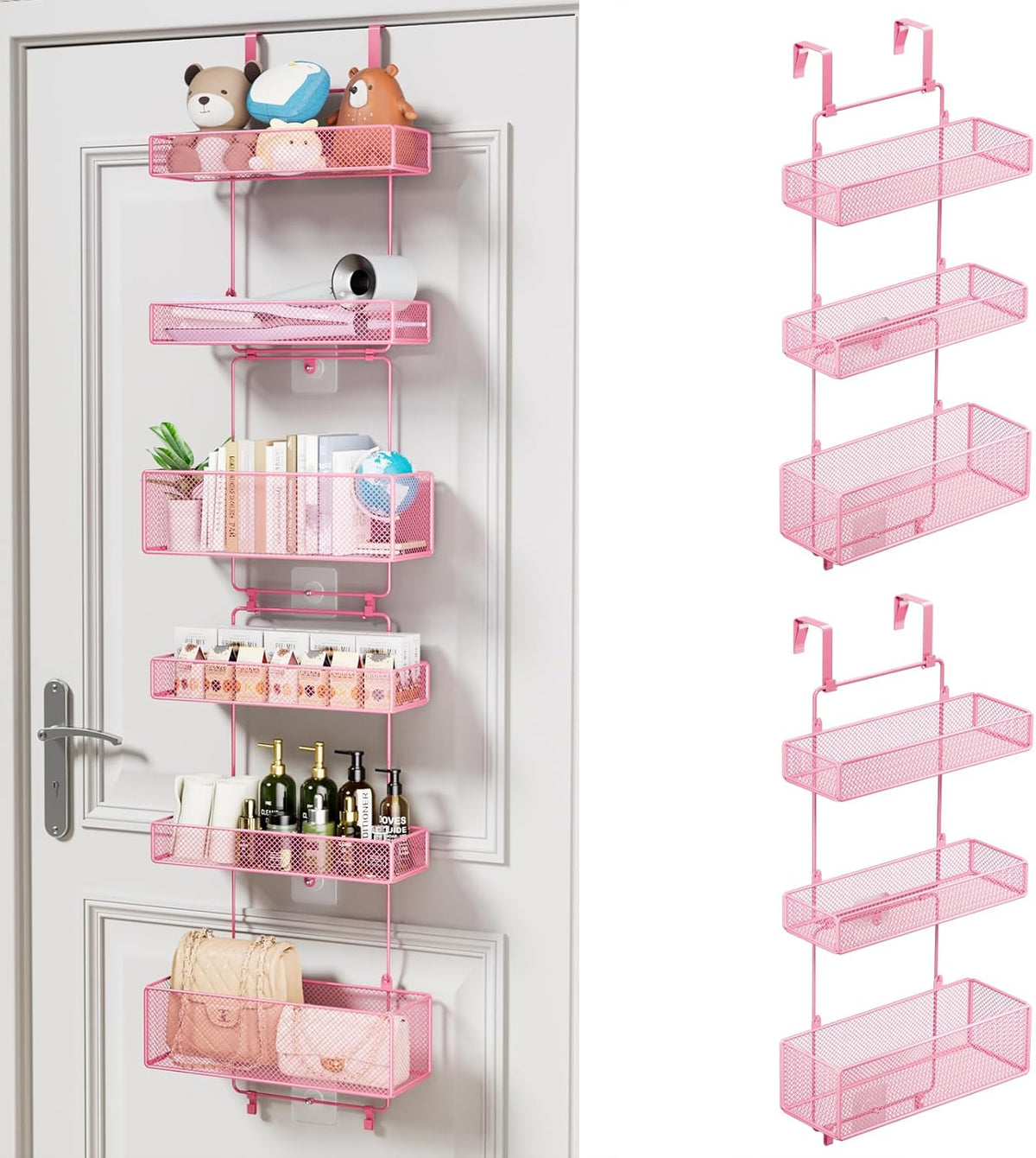 Over Door Organizer Storage - Separable Door Organizer Hanging with 6 Metal Large Capacity Baskets for Bathroom Bedroom Kitchen Pantry Closet (Pink)