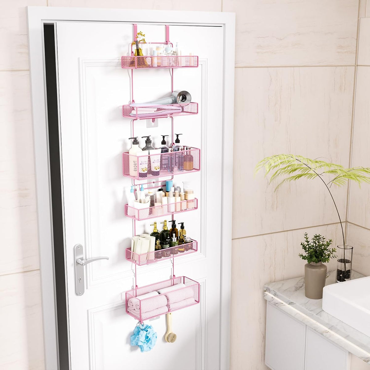 Over Door Organizer Storage - Separable Door Organizer Hanging with 6 Metal Large Capacity Baskets for Bathroom Bedroom Kitchen Pantry Closet (Pink)